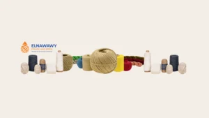 Various spools and balls of twine, including linen twine wholesale options, in different colors and sizes are arranged on a light background with the Elnawawy company logo on the left.