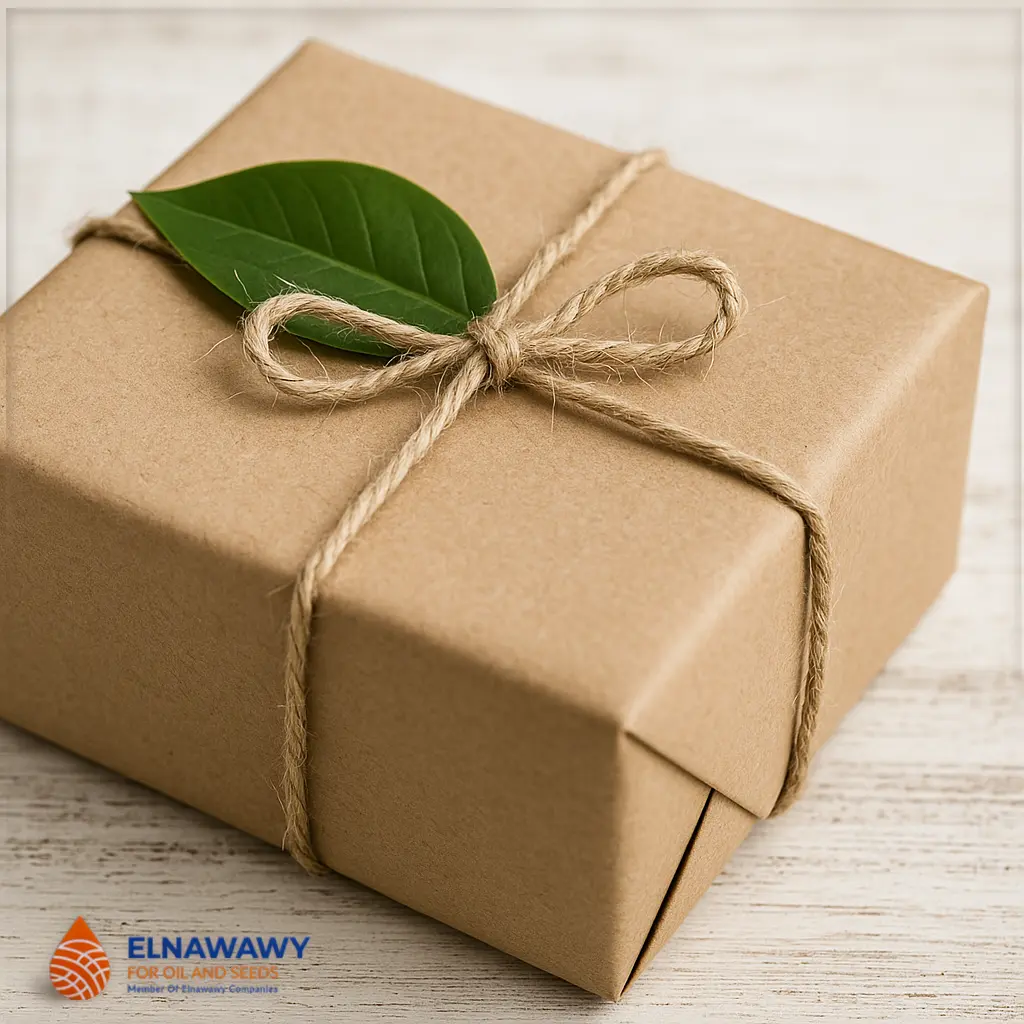 A brown paper-wrapped gift box tied with linen twine wholesale and decorated with a green leaf, resting on a light wooden surface. The El Nawawy For Oil And Seeds logo appears in the corner.