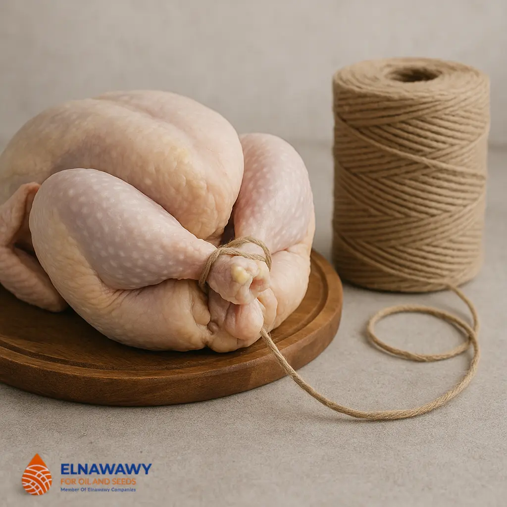 Linen butcher’s twine tying a whole chicken on a wooden board, showing food-safe and heat-resistant performance.