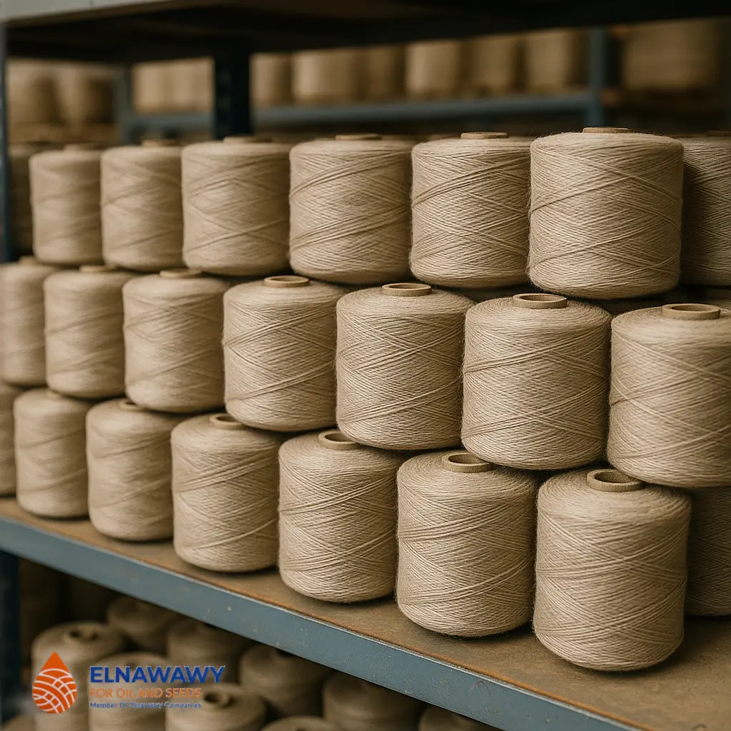 Eco-friendly linen twine spools stored on wooden pallets inside a clean industrial warehouse for wholesale distribution.