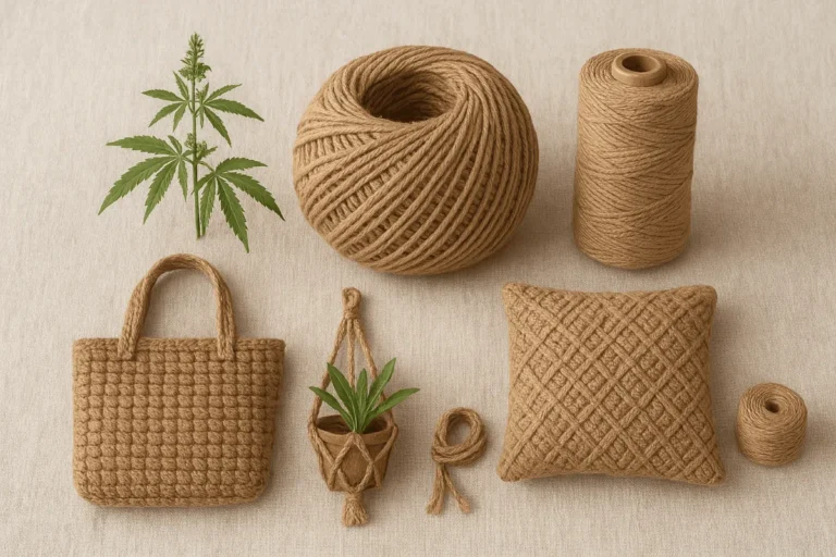 Fil de chanvre naturel avec bobines, pelote et créations artisanales El Nawawy