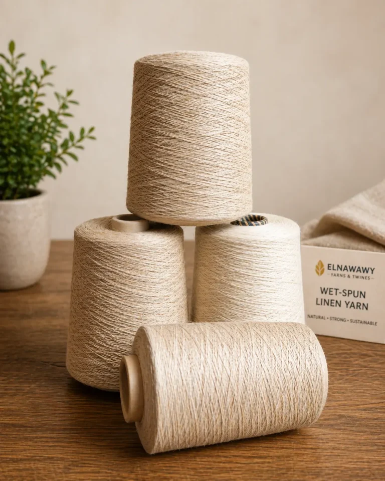 Wet-spun linen yarn cones for weaving and textile production