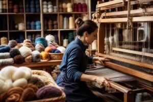 Weaving shops guide showing a textile maker working at a loom with yarn supplies