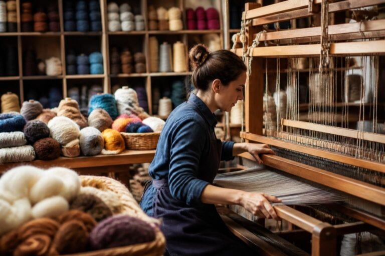 Weaving shops guide showing a textile maker working at a loom with yarn supplies