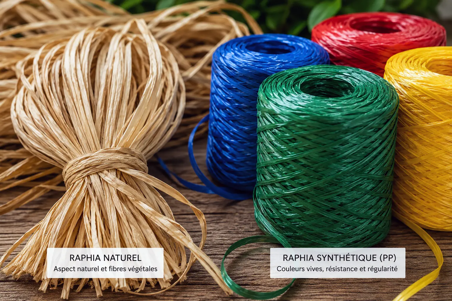 Raphia naturel et raphia synthétique PP comparés avec ficelles colorées en polypropylène