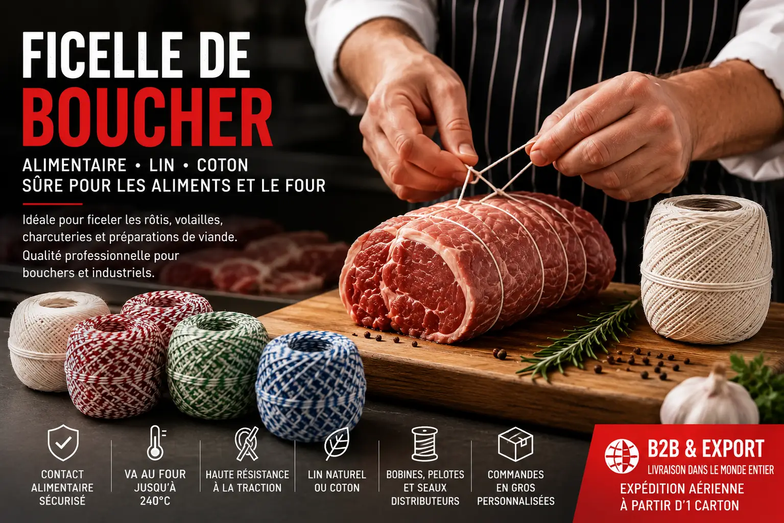Ficelle de boucher alimentaire en lin et coton Ficelle de boucher alimentaire en lin ou coton pour ficeler un rôti avant cuisson