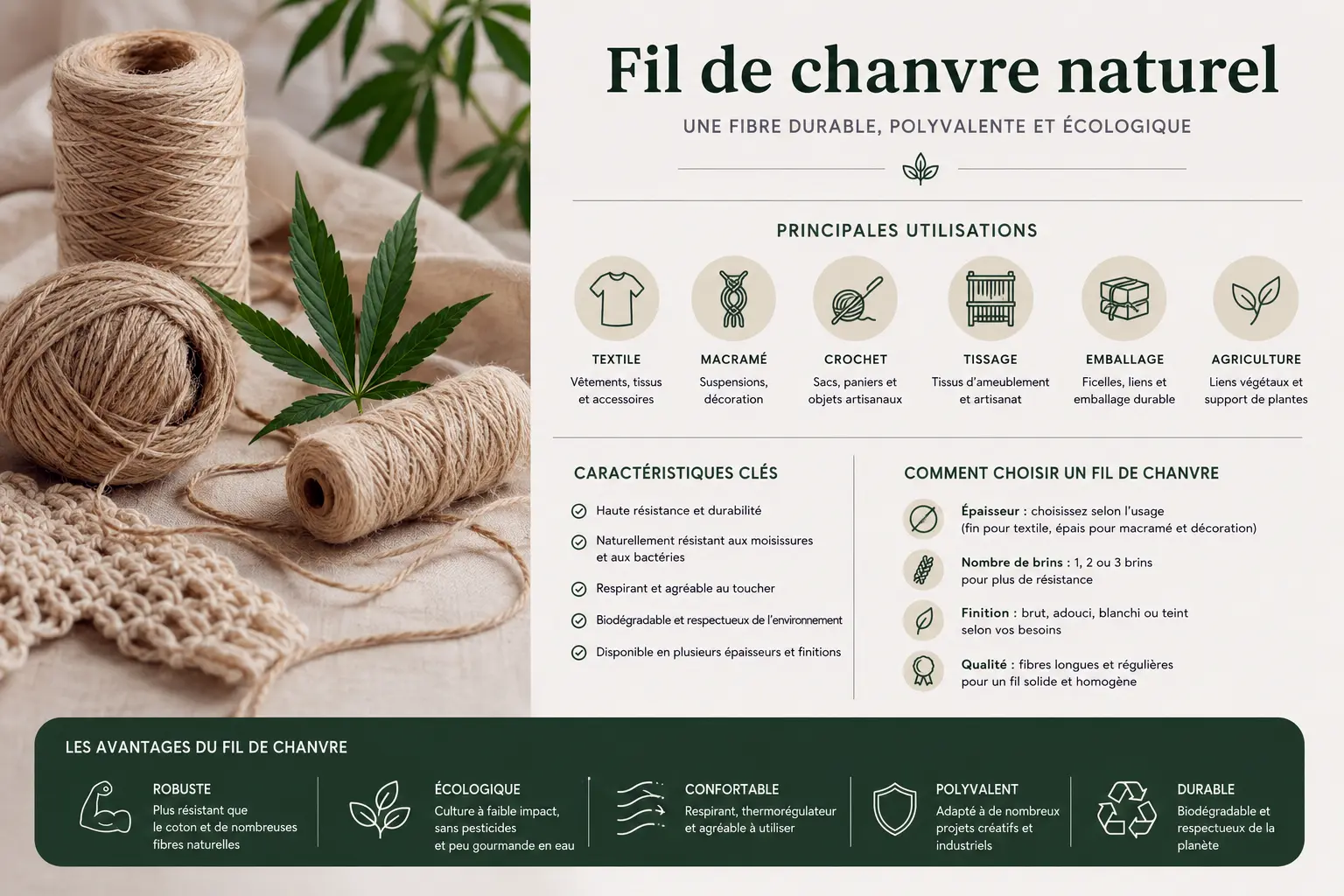 Infographie sur le fil de chanvre naturel avec usages textile, macramé, crochet, tissage et emballage