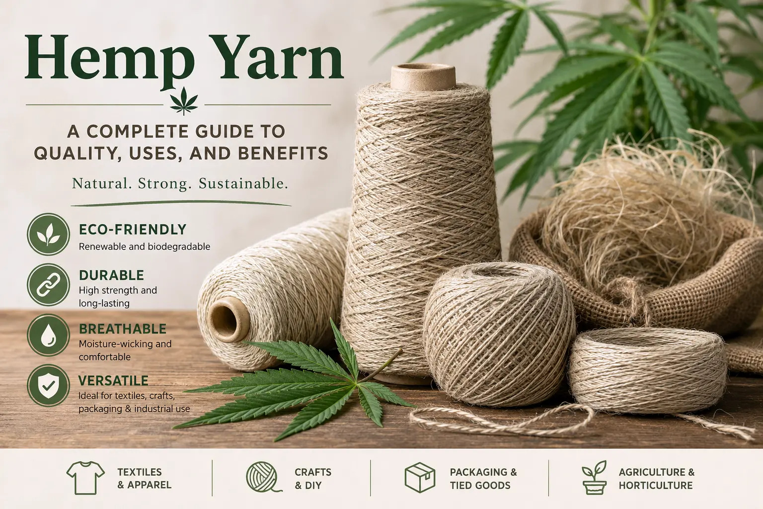 Hemp Yarn Natural Fiber Guide | El Nawawy Company Hemp yarn guide showing natural yarn cones, plant fibers and key benefits for textiles, crafts and packaging.