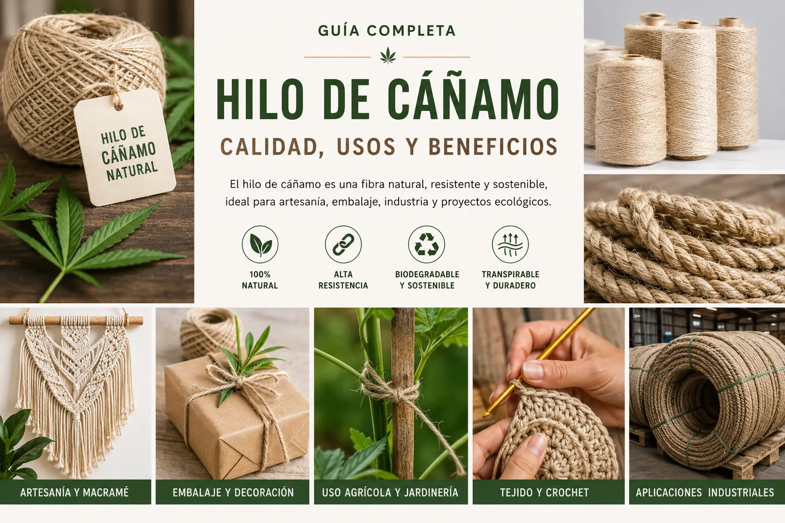 Infografía sobre hilo de cáñamo natural, usos, calidad y beneficios