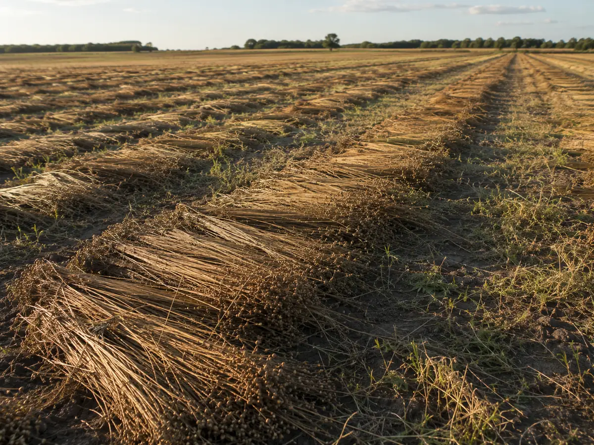 Geerntete Flachsstängel liegen in Reihen auf dem Feld zur Röste