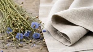 Flachspflanzen mit blauen Blüten neben gefaltetem Leinenstoff auf Holztisch – der Weg vom Flachs zum Leinen