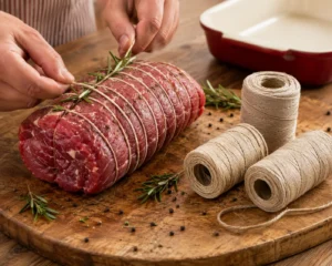 Braten wird mit Metzgergarn aus Leinen gebunden, daneben Knäuel Küchengarn