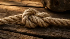 Dickes Hanfseil mit festem Knoten auf verwittertem Holz