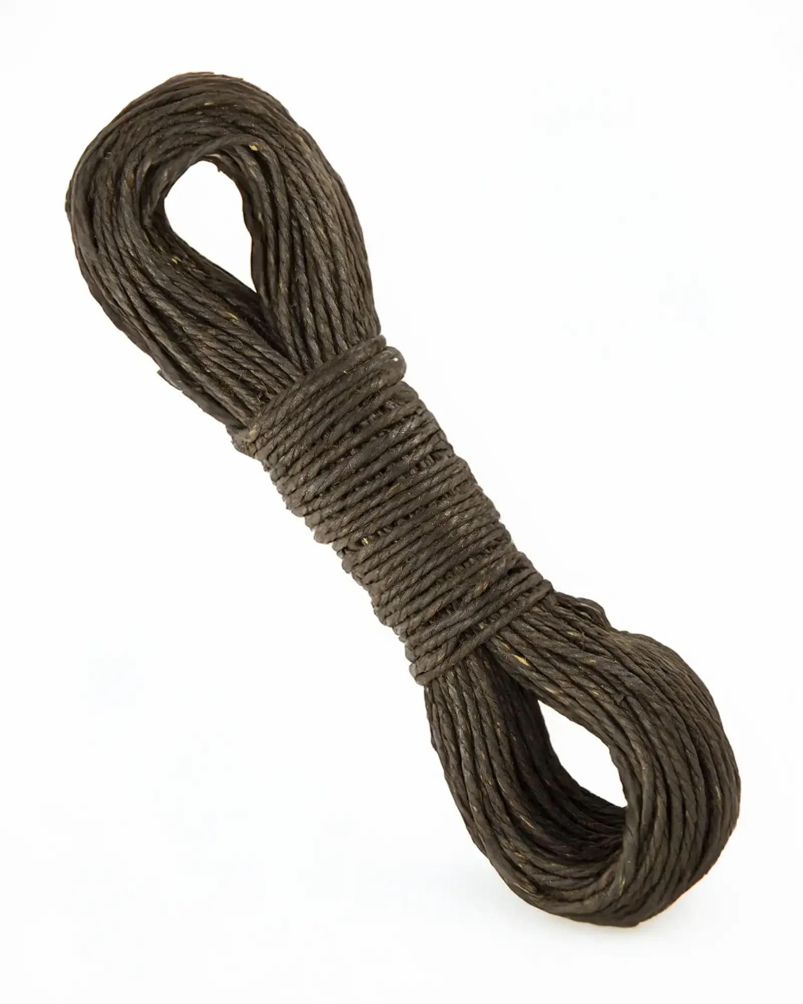 Tarred flax linen marline coil shown at an angle, showing the twist