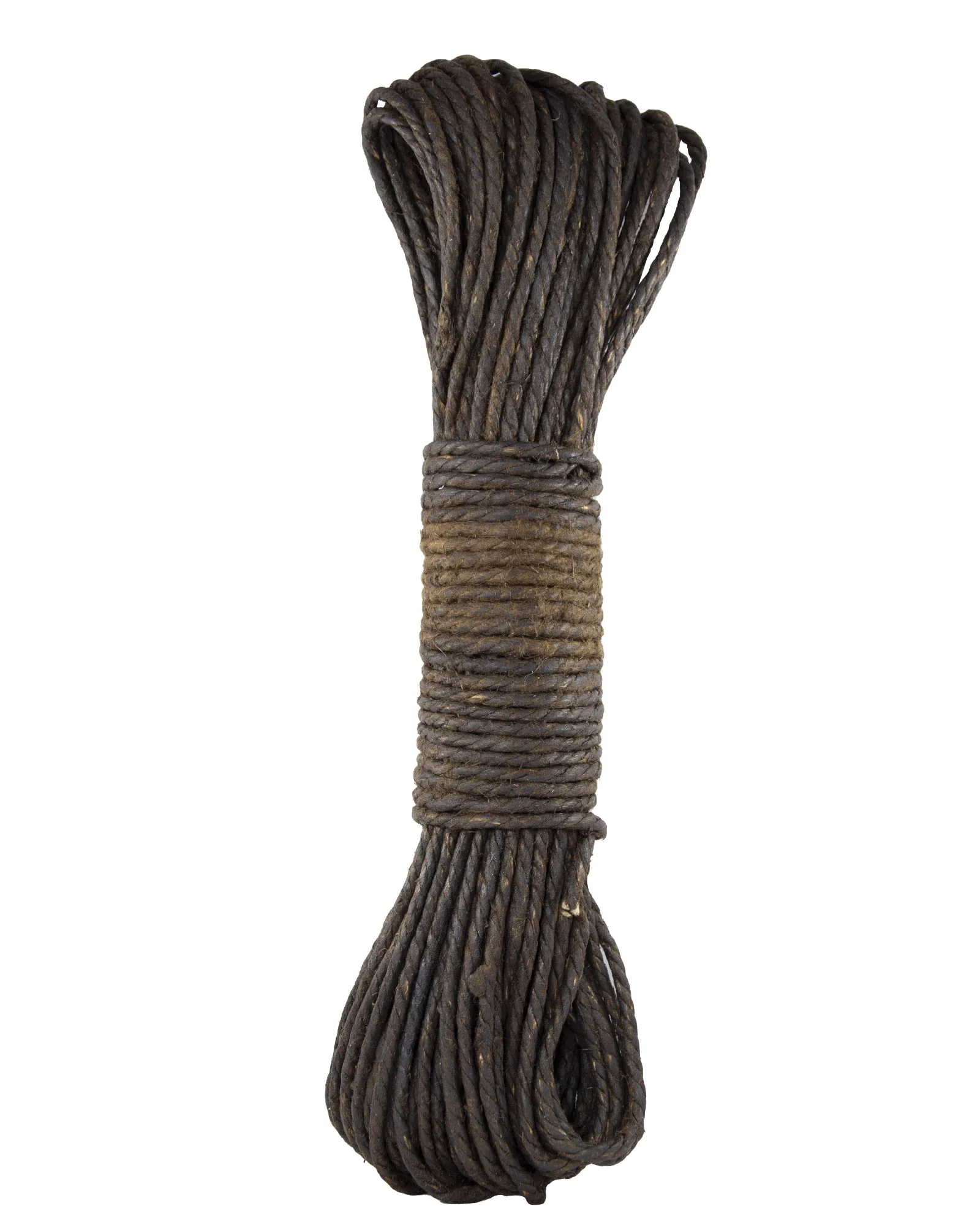 Bulk grade tarred marline: 4-ply NM 0.6 Egyptian flax hank with a tarred binding band