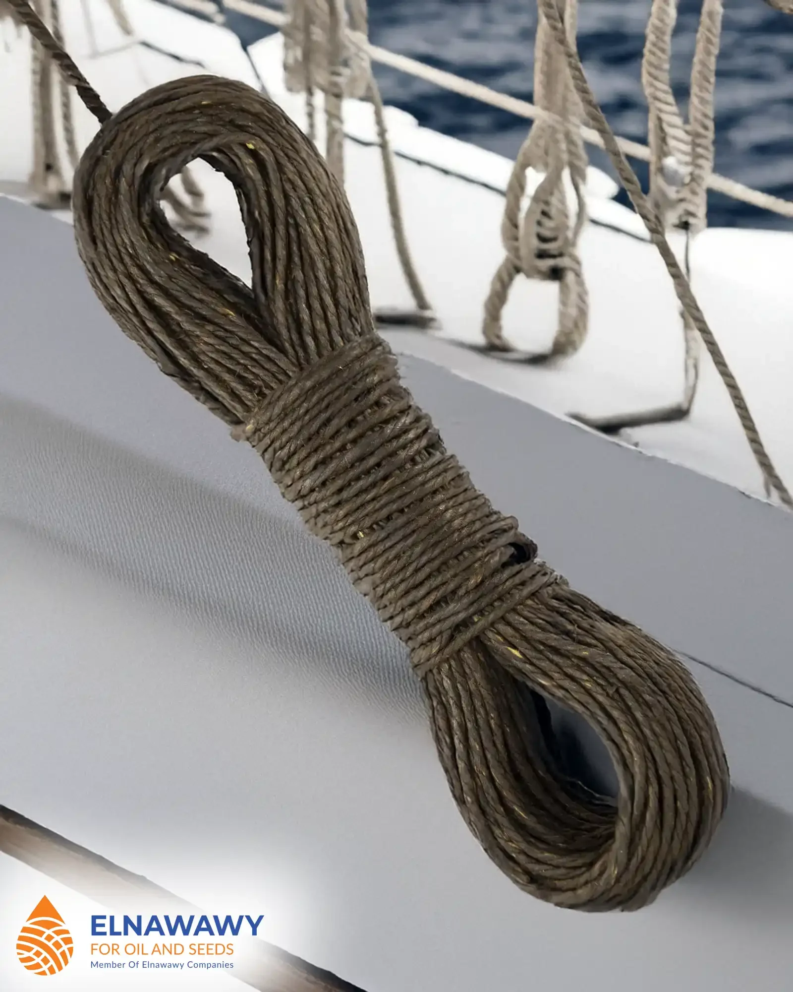 Coil of El Nawawy tarred flax marline on the deck of a sailing boat